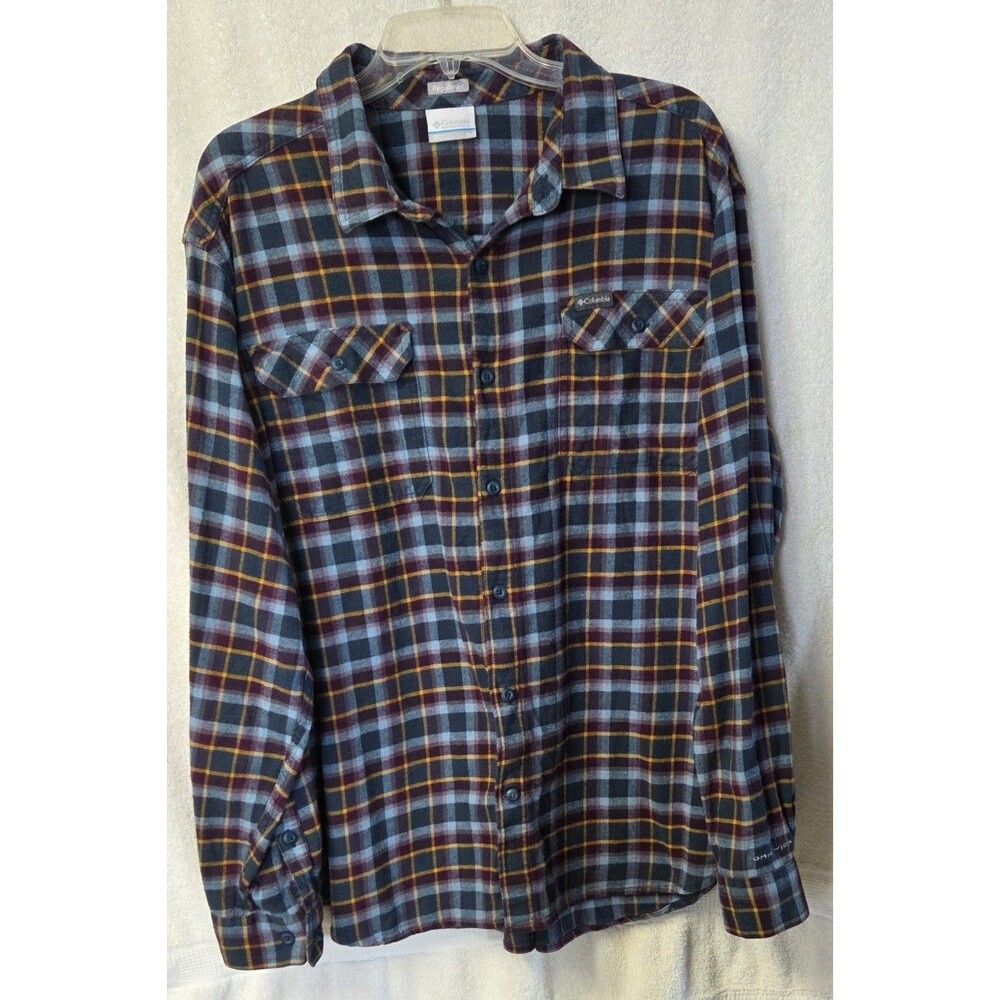 Columbia Flannel Long Sleeve Button-Up Shirt Mens XL Blue/ Burgundy/ Gold Plaid